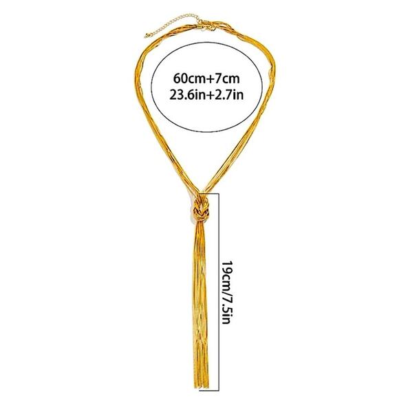 Silver Y Lariat Knot Tassel Fringe Statement Necklace - Picture 4 of 4